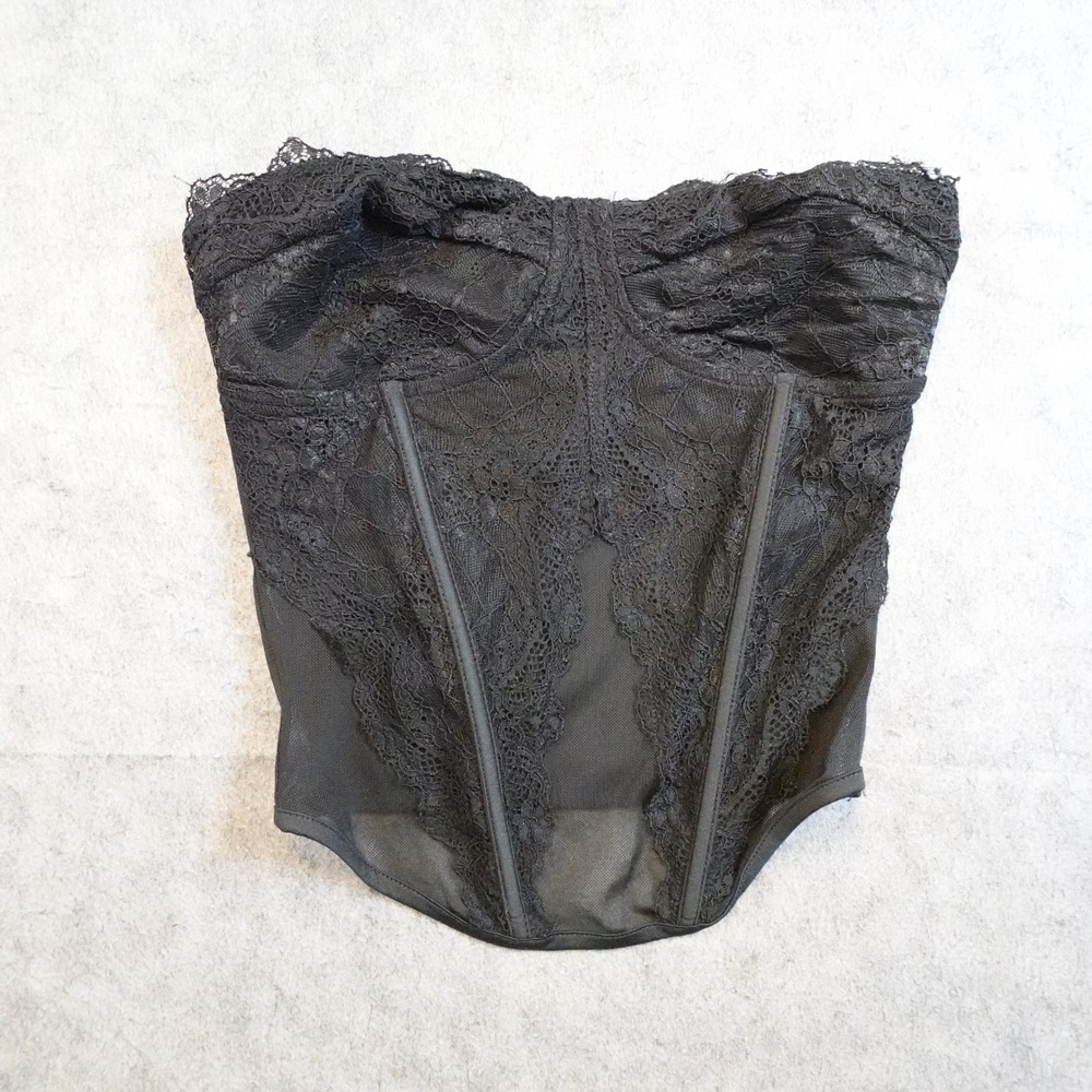 I AM GIA Top Women Extra Small Black Demie Lace Strapless Corset Mesh Boning